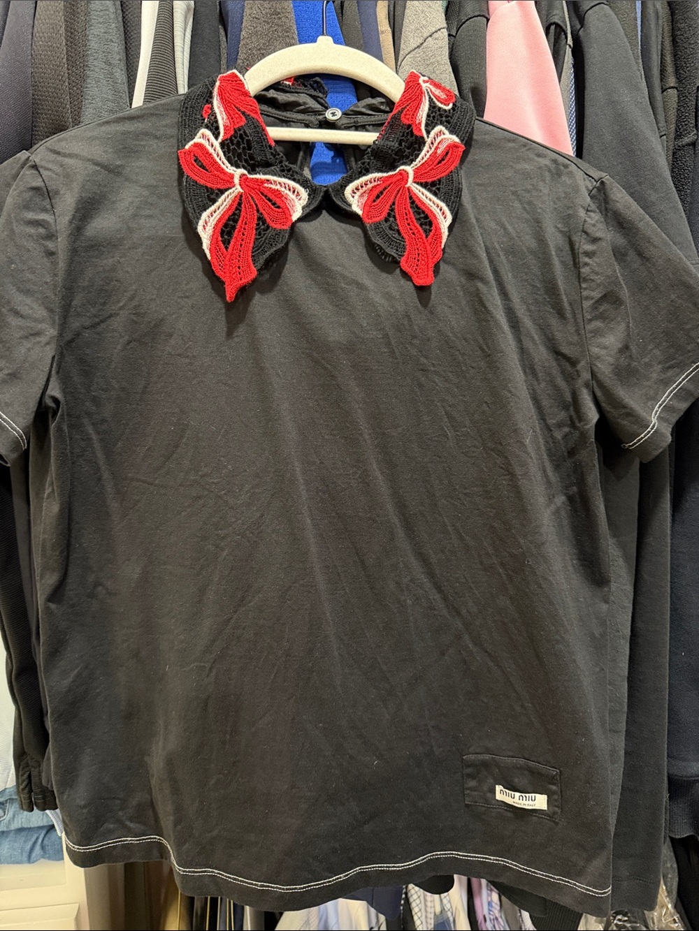 Miu Miu Black Tee with Red & White Crochet Collar
